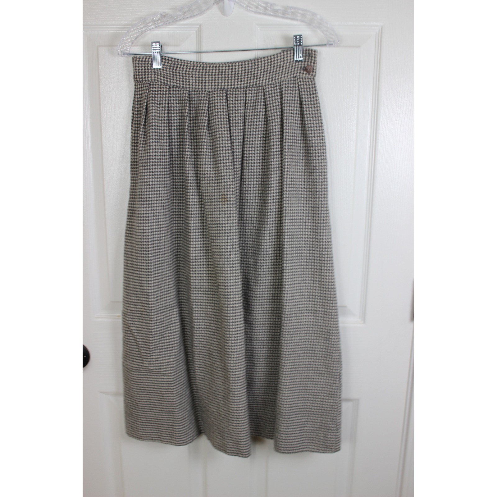 JH Collectibles Vintage 100% Wool Houndstooth Pleat Midi Skirt Tan Black Size 12