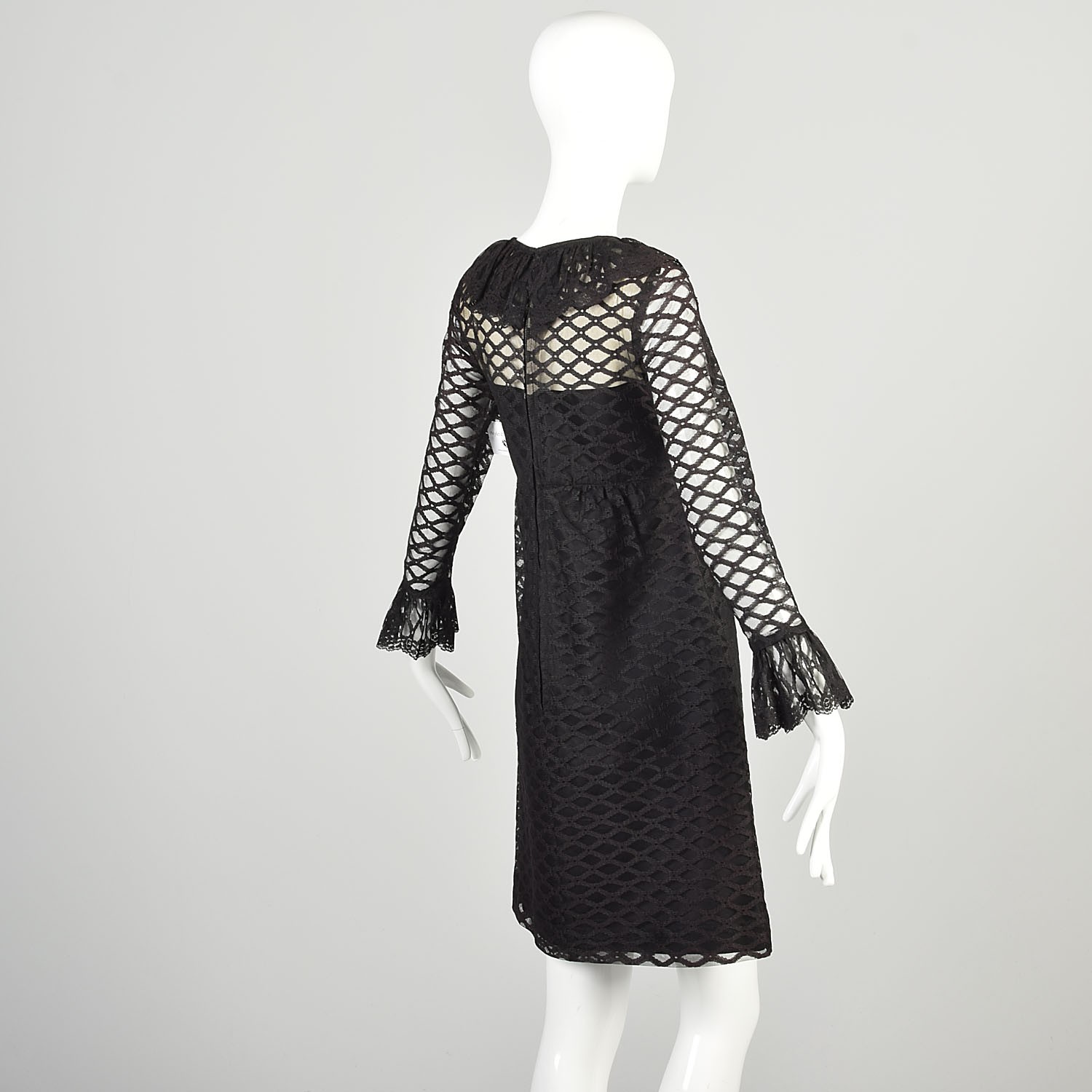 Medium 1970s Black Mini Dress Sheer Long Sleeve Ruffle Collar Cocktail Party LBD