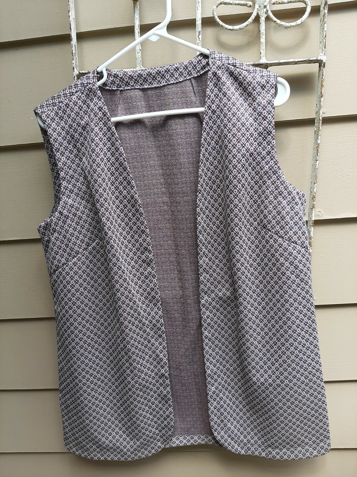 Vintage 70s Vest Long Length Geometric wine, navy blue, gray &beige size M/L