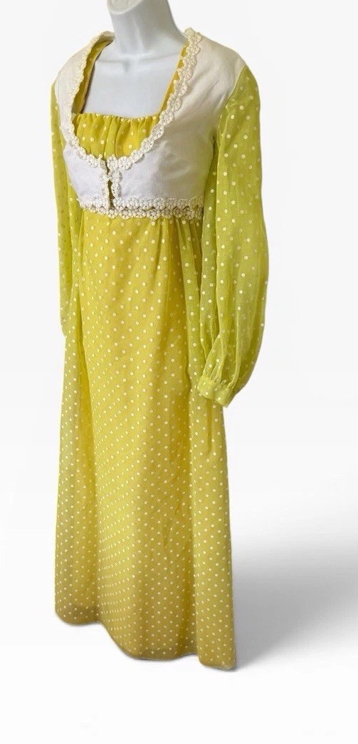 Vintage 70s Yellow Polka Dot Maxi Dress & Bolero Jacket XS/S Prarie Princess