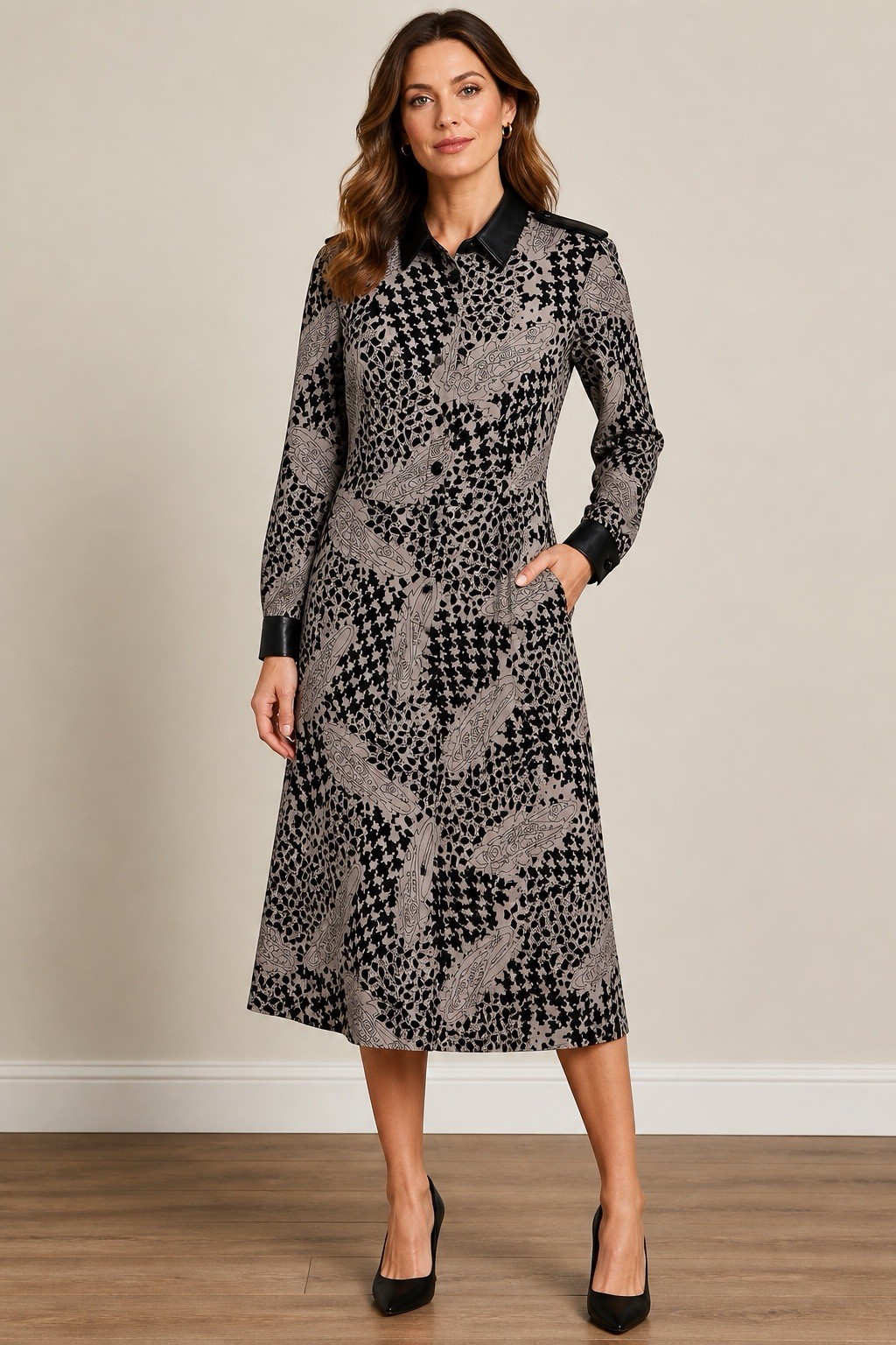 Vintage Tradition Canada Rayon Shirt Dress Size 10 Faux Leather Collar Midi