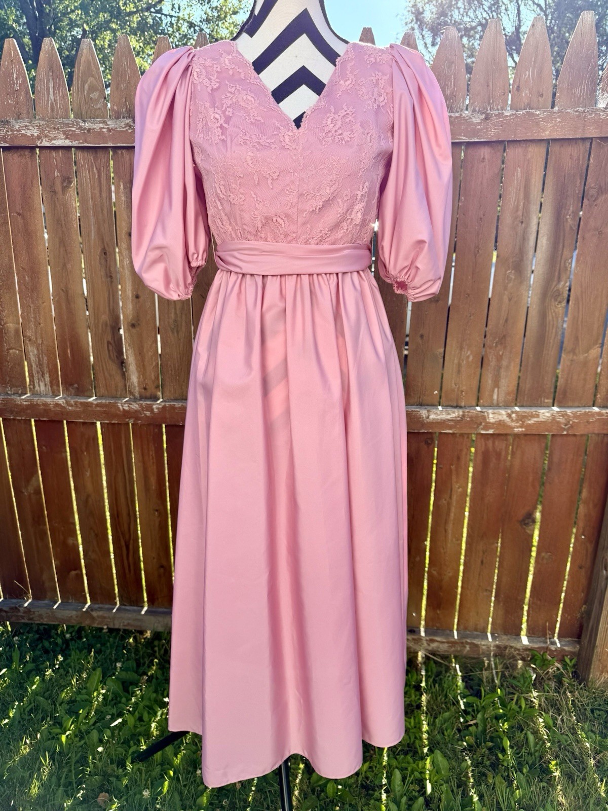 Vintage 80s XS Pink Long Formal Dress Puff Sleeve Lace Tea Length Satin V Neck