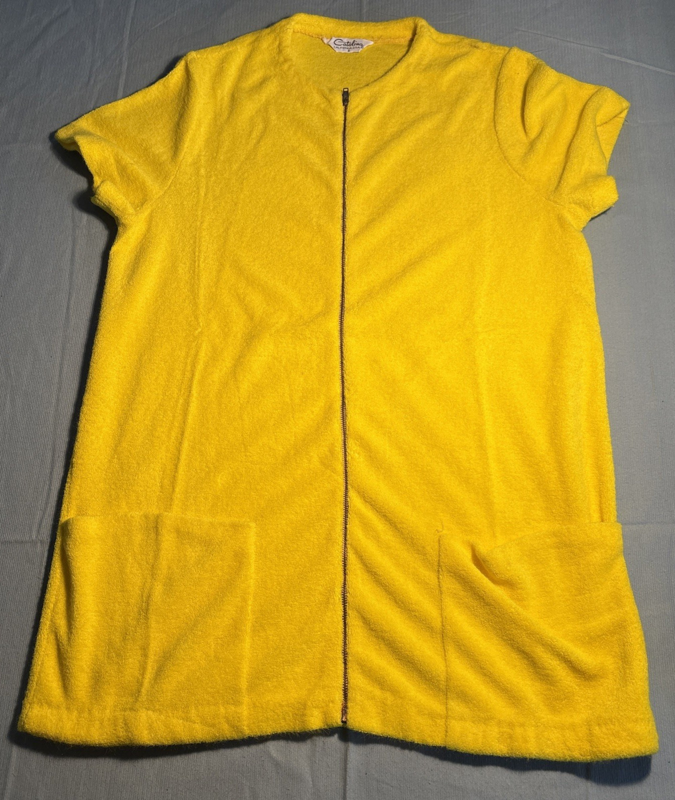 Vintage Catalina California Yellow Terry Cloth Zip Up Beach Cover Up S Pocket
