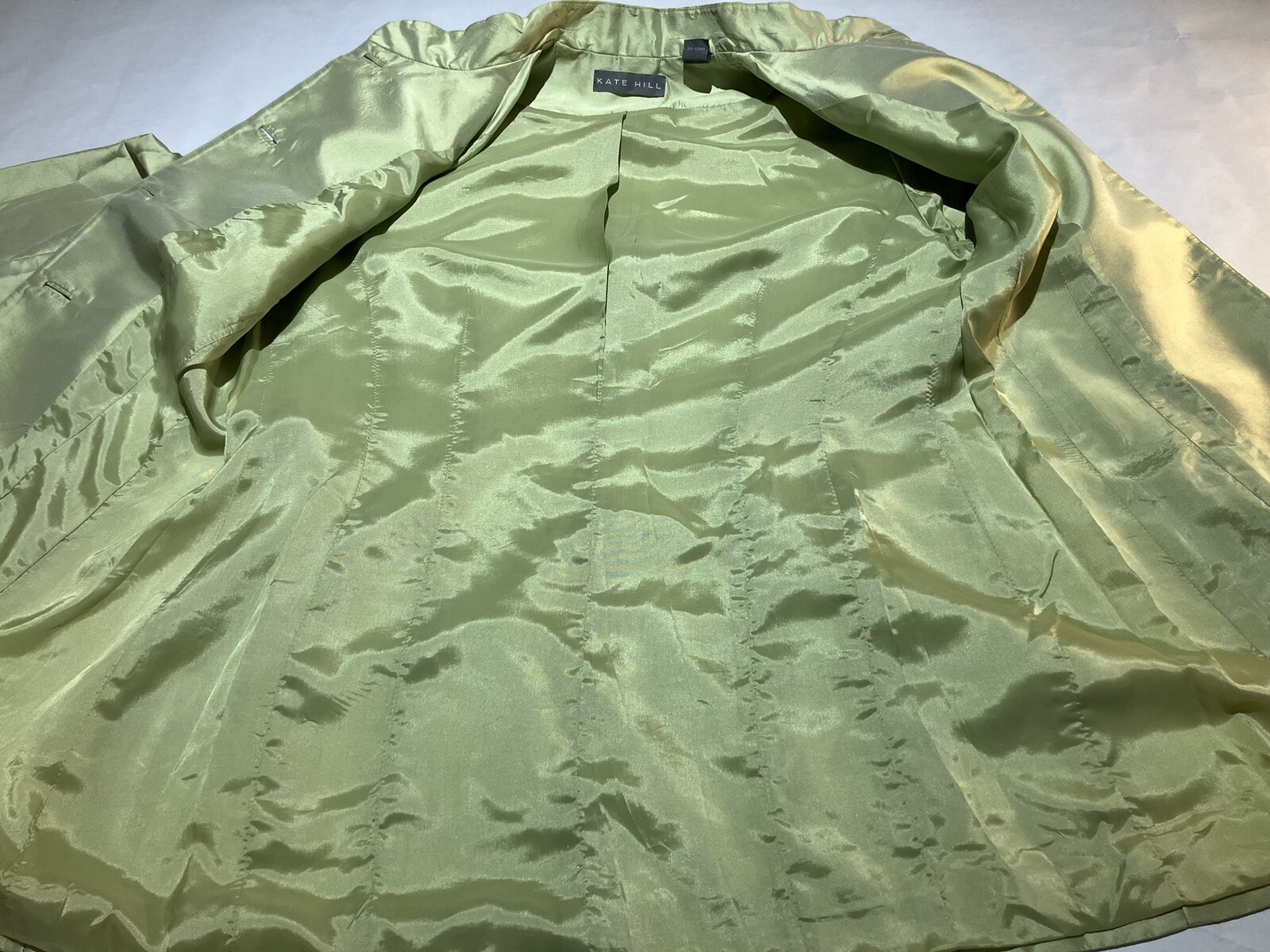 kate hill lime green shoulder pads two piece silk womens suit size 6top/4pants