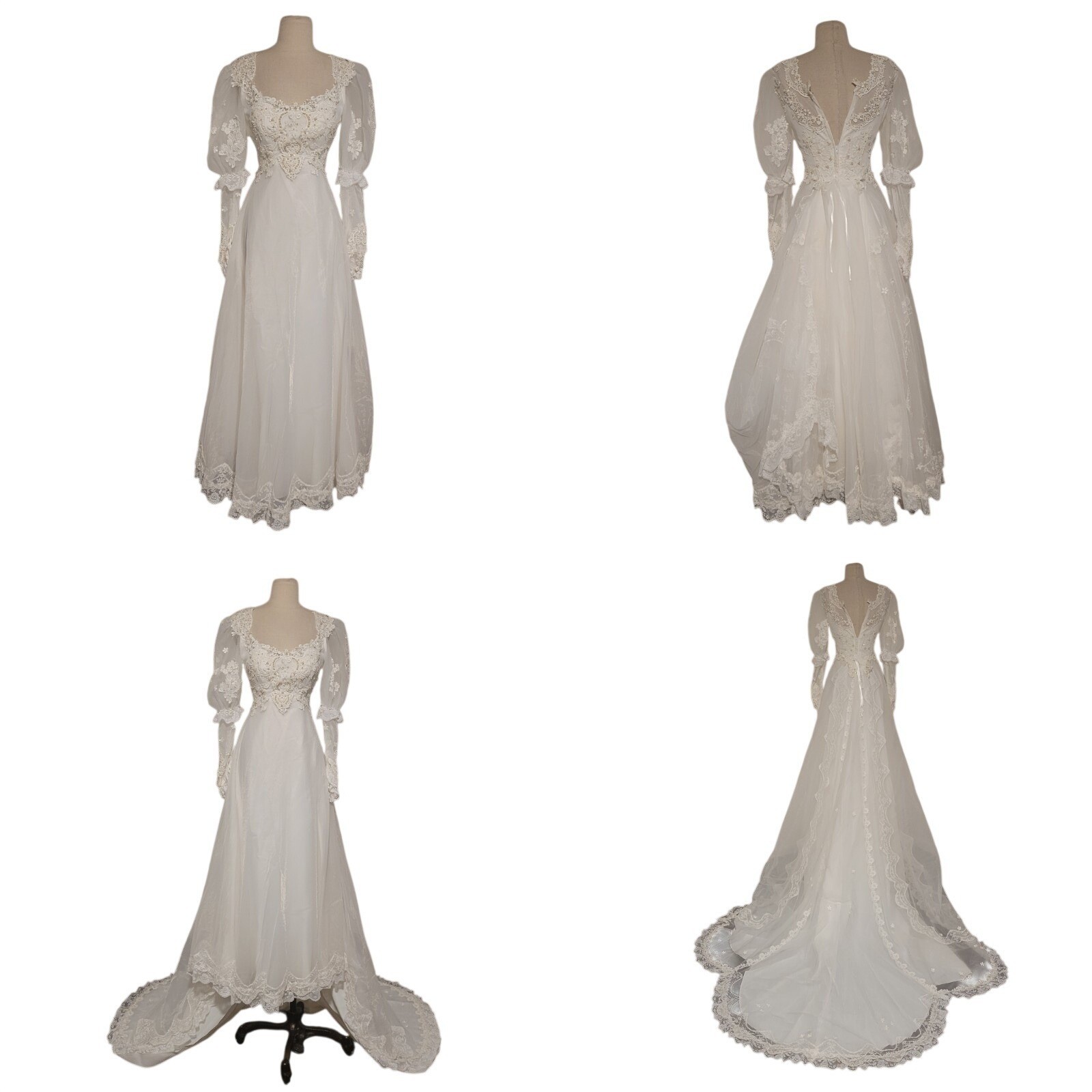 Vintage Eve Of Milady Wedding Dress Matching Veil Sz XXS 2XS Lace Floral Beaded