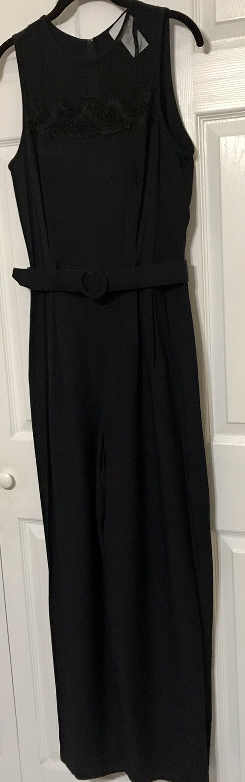 Vintage Black Sleeveless Belted Jumpsuit Scarlett 12M Made In USA Lace Dressy