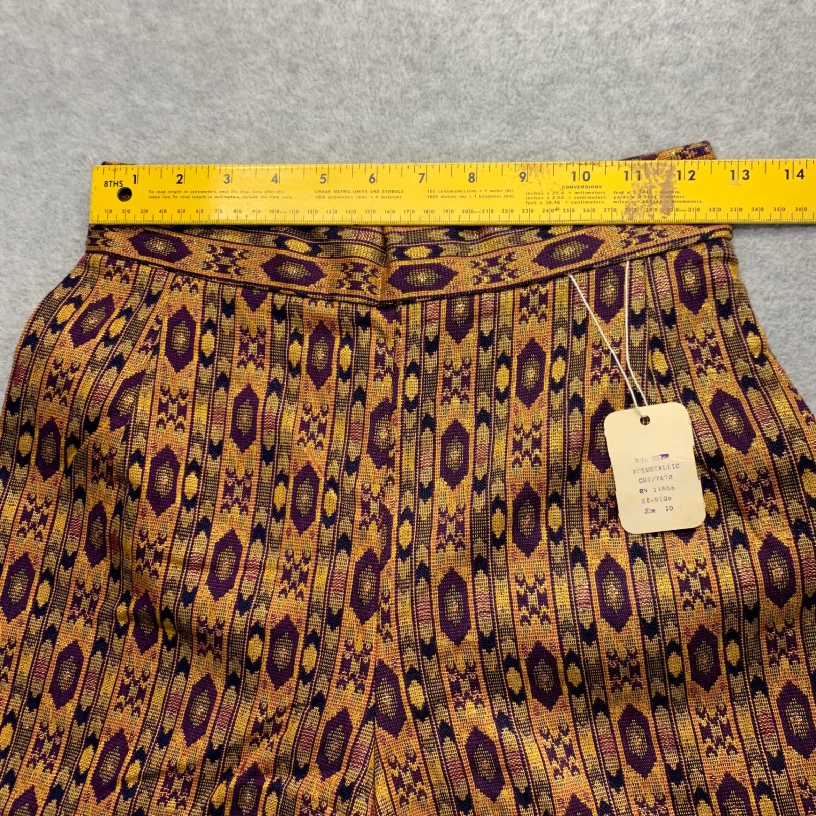 Vintage BSAC ILGWU Wide Leg Palazzo Pants Purple Gold Metallic Ikat Print Sz 10