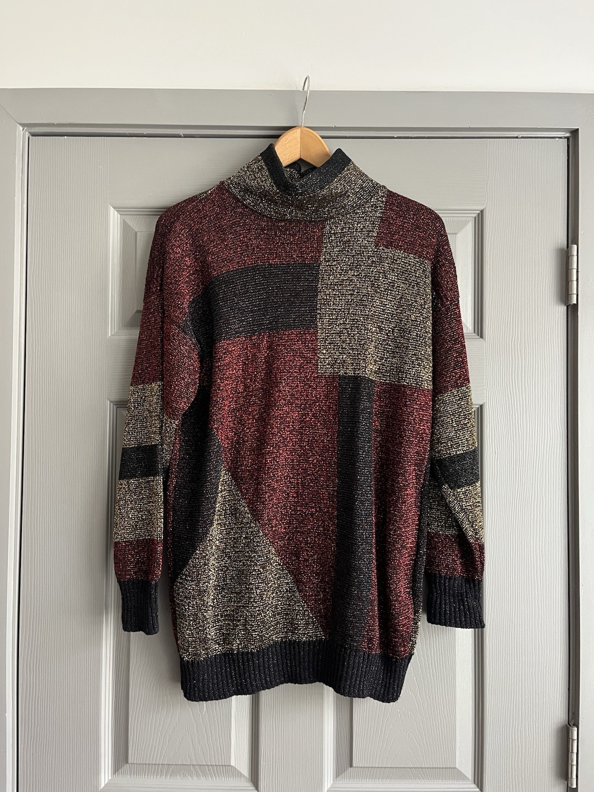 Vintage 80’s Beldoch Popper Sweater Gold Geometric Made USA Sz Medium