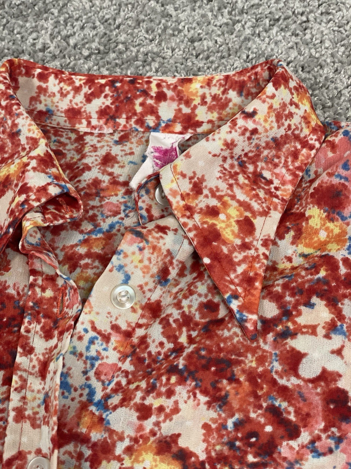 VTG 70’s Sheer Button Up Dagger Collar Shirt Red Disco Floral Secretary Size S/M