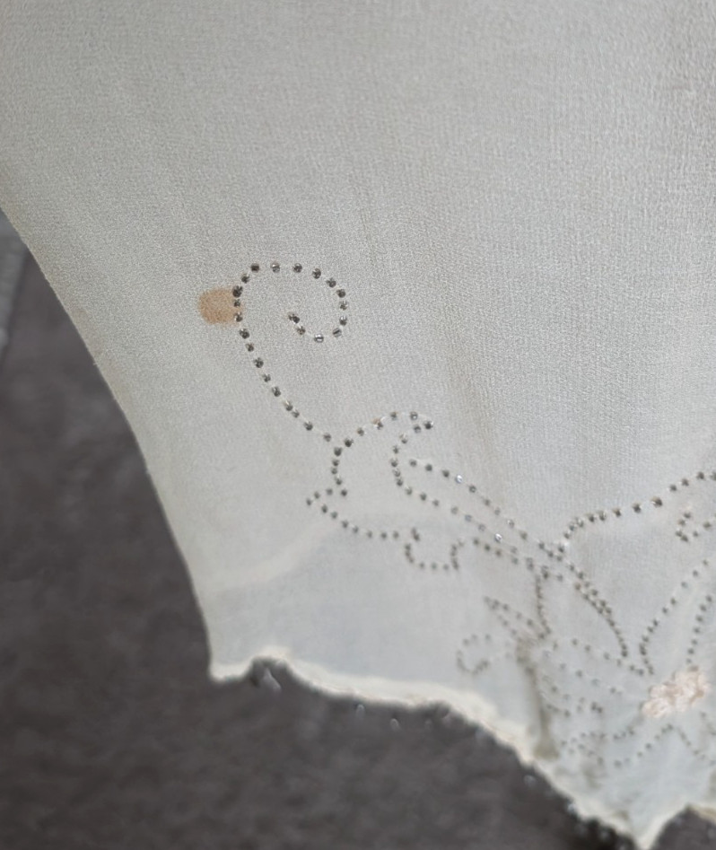 Antique 1920s silk beaded sheer dress beige flapper 40″ bust bead trim