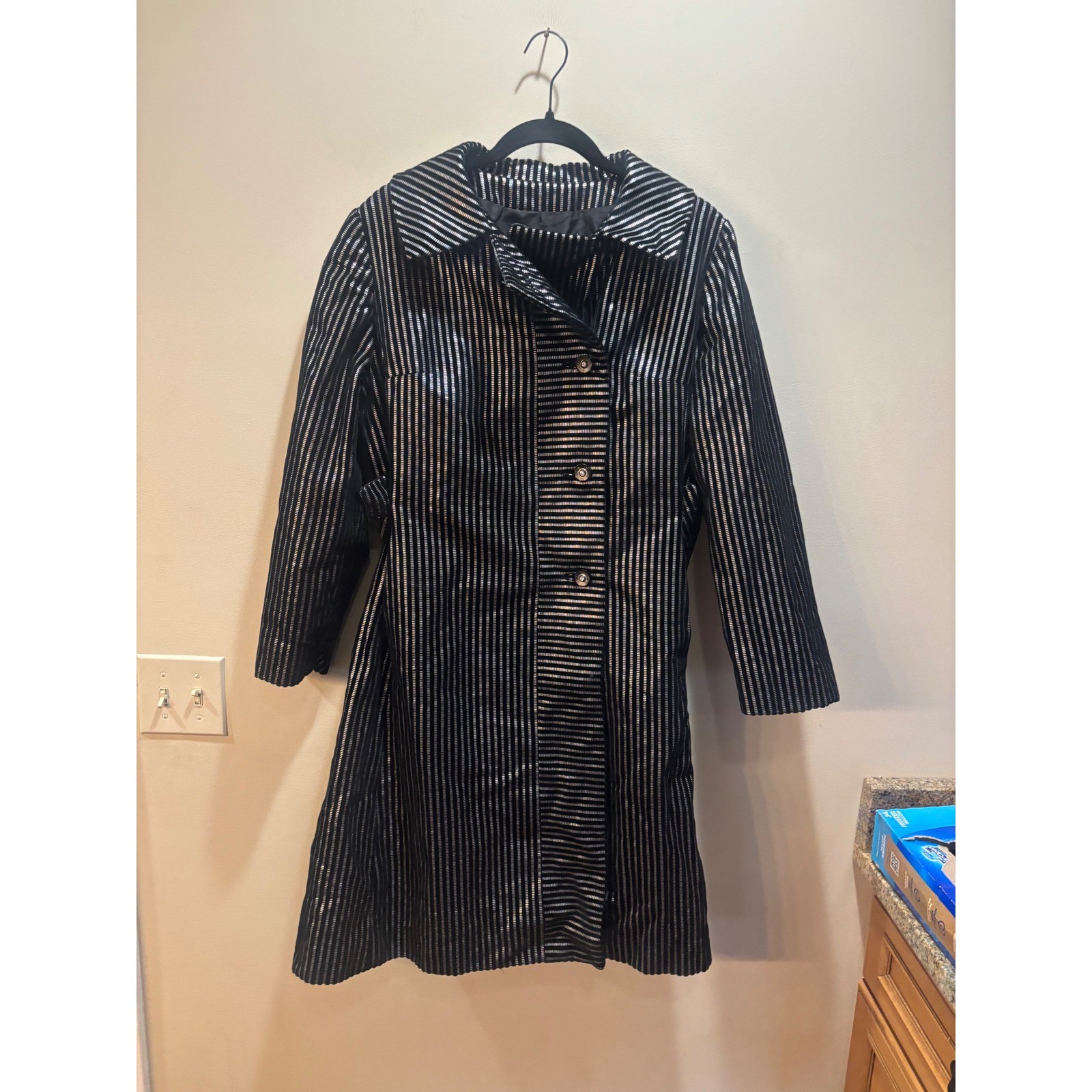 Vintage Count Romi Metallic Silver Black Striped Trench Coat Belted Size 16