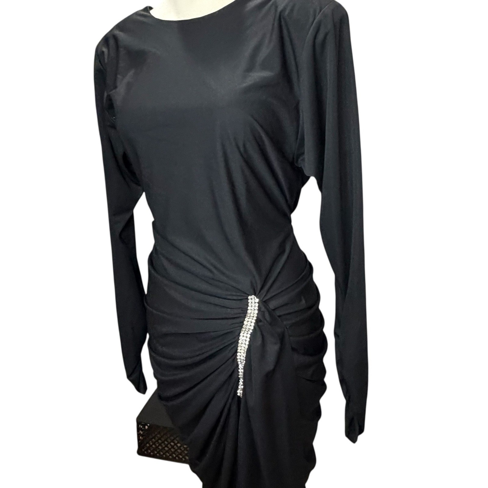 Vintage 80s Siasia New York Cocktail Dress 10 Open Back Ruched Rhinestone Accent