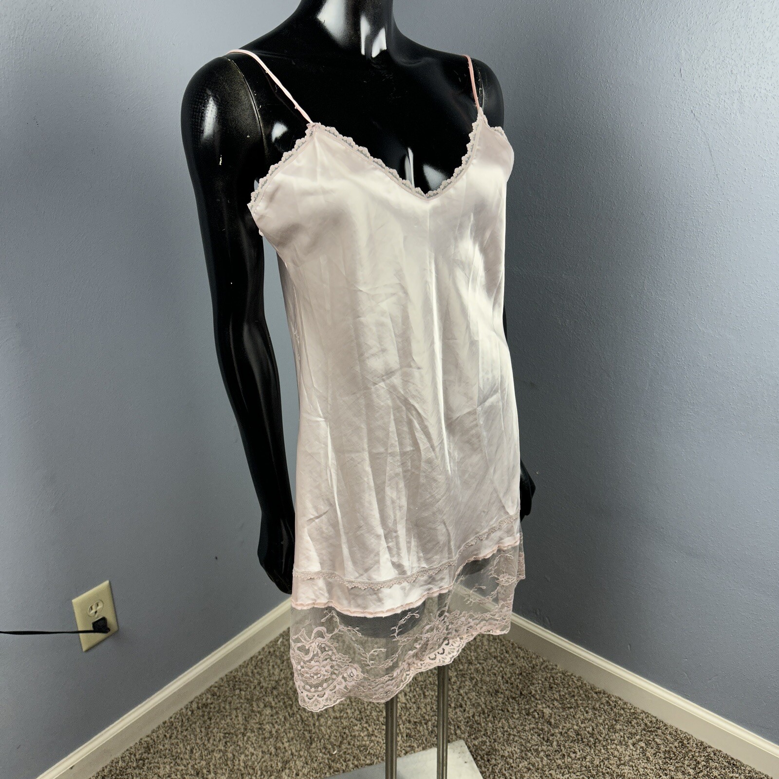Vtg Lady Cameo Robe & Chemise Nighty Slip Dress Silky Pink Mauve Lace Set Sz L