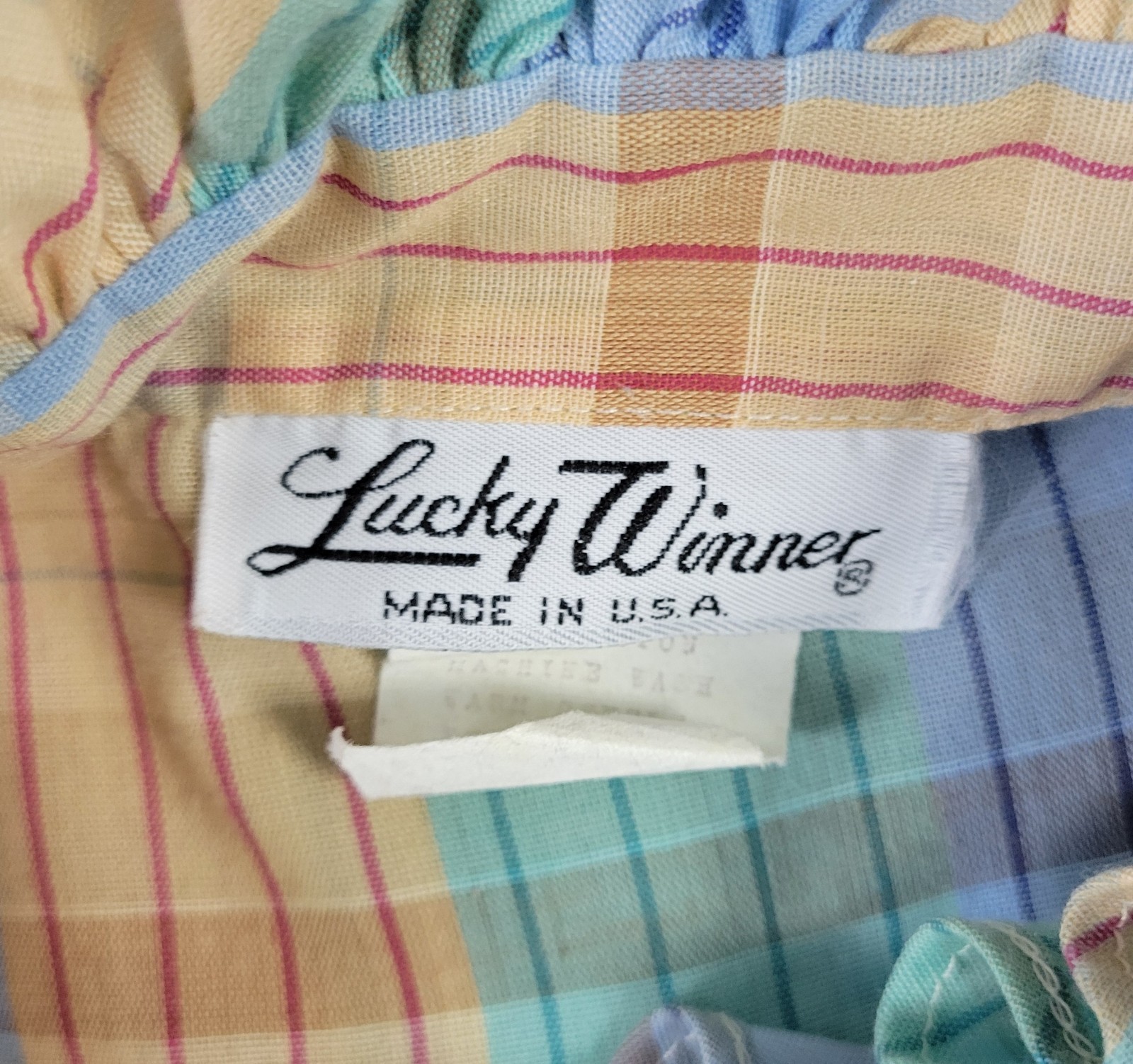 Vtg Lucky Winner Peach/Mint/Blue Plaid Top w Ruffled Collar Size 11/12