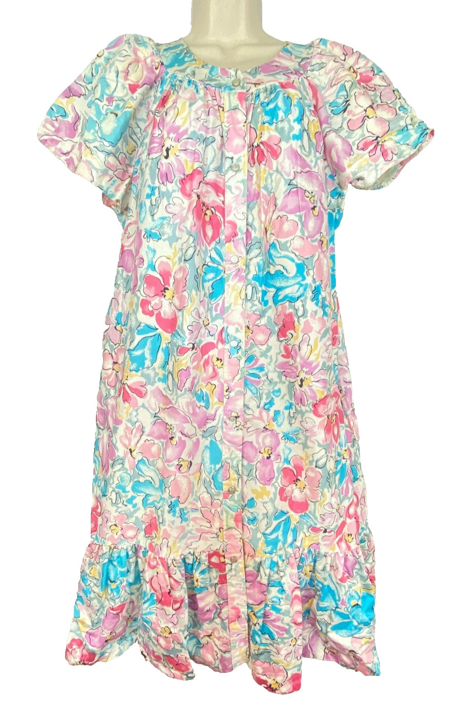 Vintage 1980s pink floral lounge dress muumuu short sleeves tent white cotton