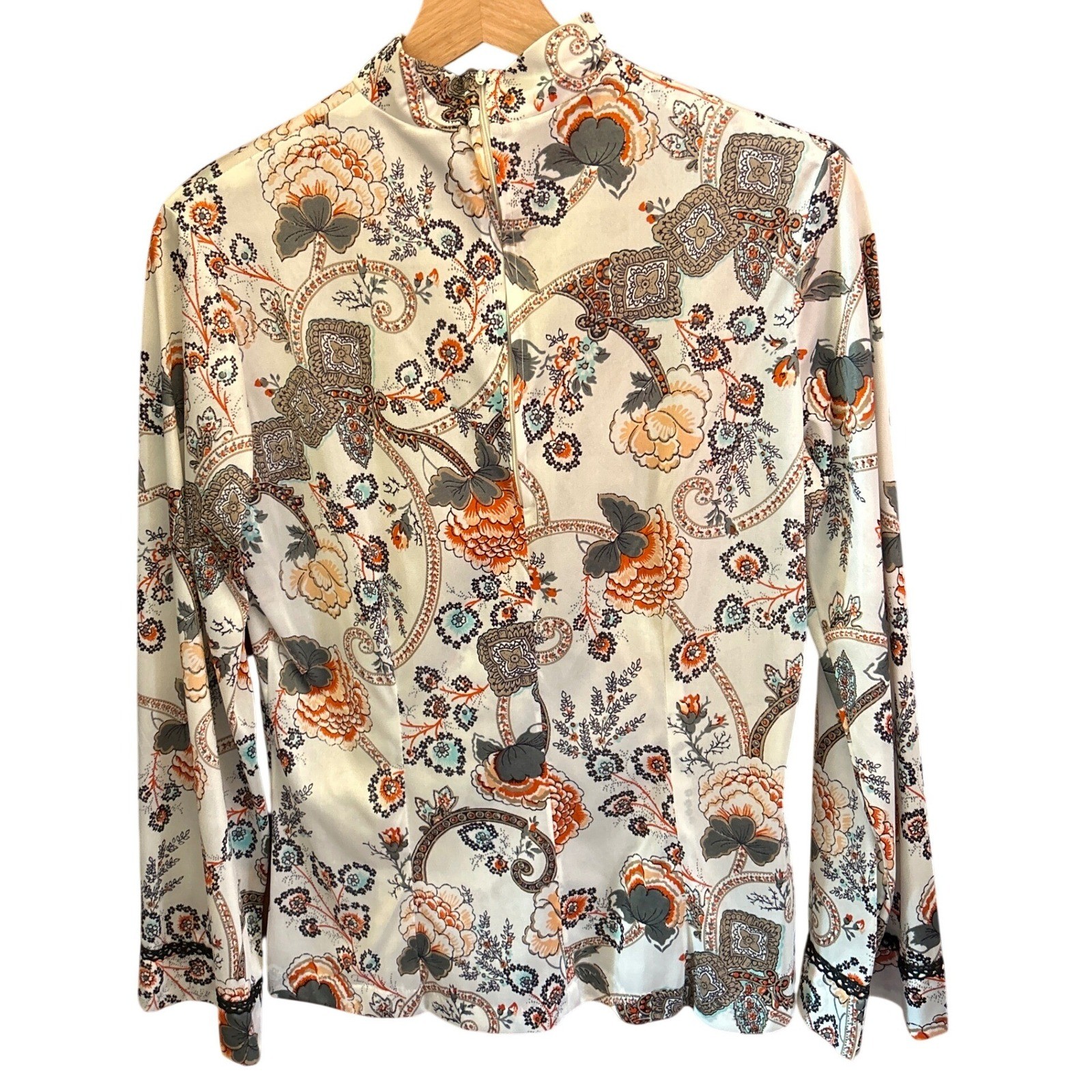 70s Unbranded Ruffle Blouse Victorian Revival Boho Paisley Mock Neck Jabot Top