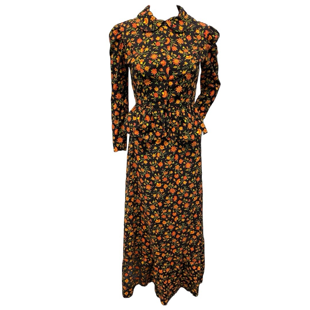 VTG 70s Sears JR Bazaar Black and Orange Floral Prairie Jacket and Skirt Set XS