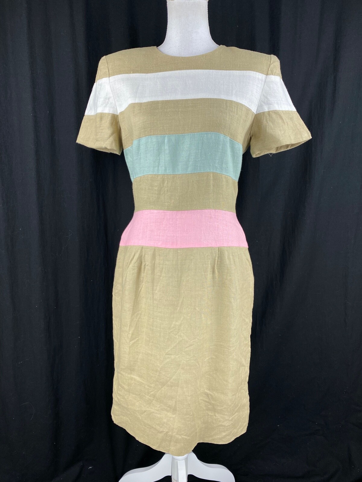 Scaasi Vtg 80s 70s Linen Tweed Colorblock Sheath Dress US 8 Knee Short Sleeve