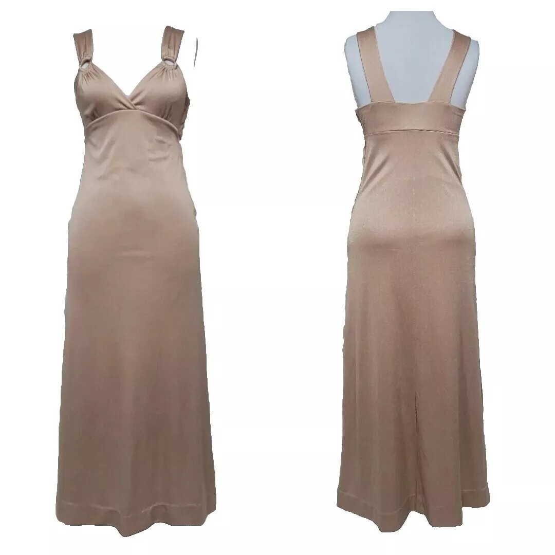 Vintage 70s 80s Champagne Gold Maxi Dress Talon Zipper Empire Waist Disco Gown