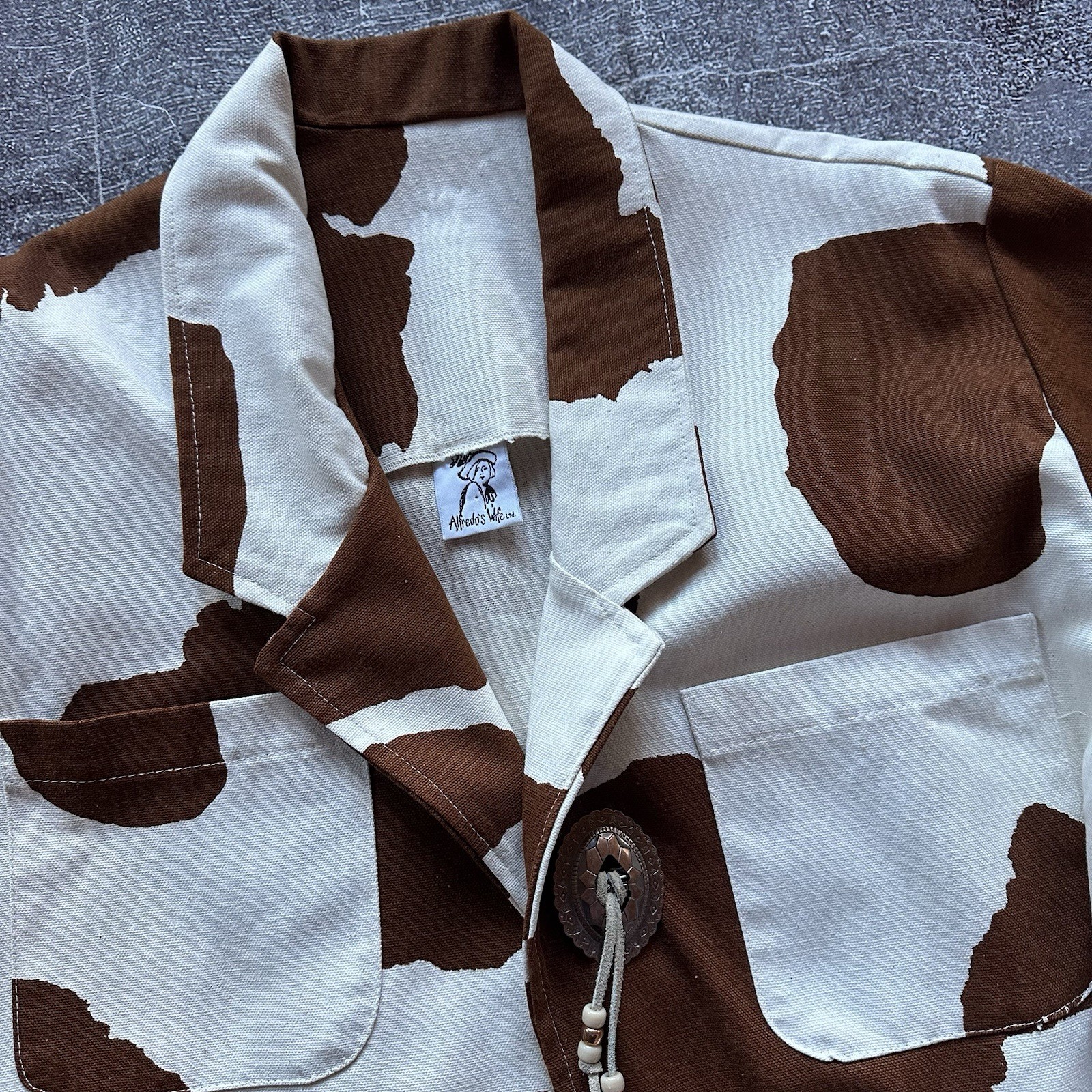 Women’s Vintage 80’s Alfredo’s Wife Cow Print Handmade Chore Coat Jacket Sz L