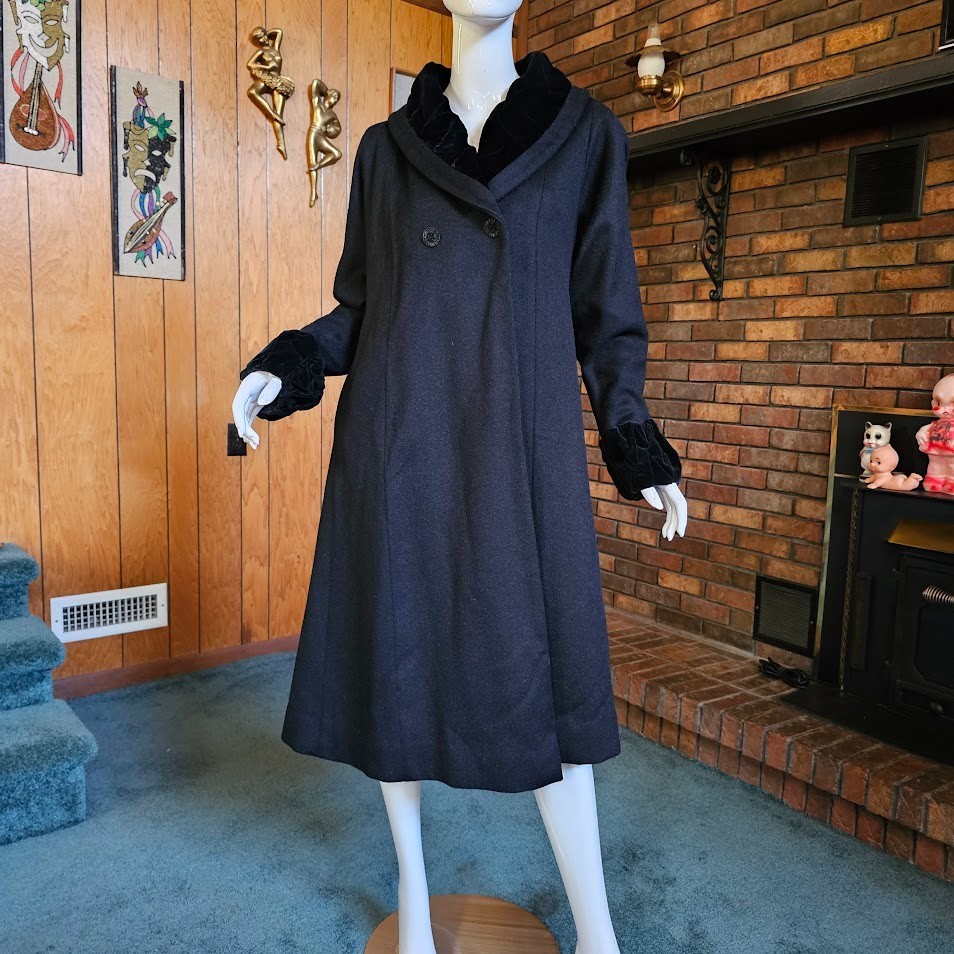 Vtg 50s Lilli Ann Velvet Shawl Collar Swing Princess Opera Formal Wool Coat L/XL
