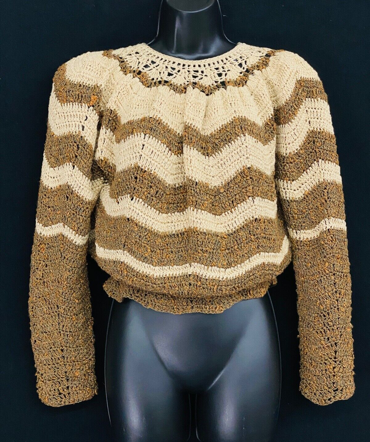 Vintage 1970s brown tan striped sweater, chevron crop Victorian oversized lace