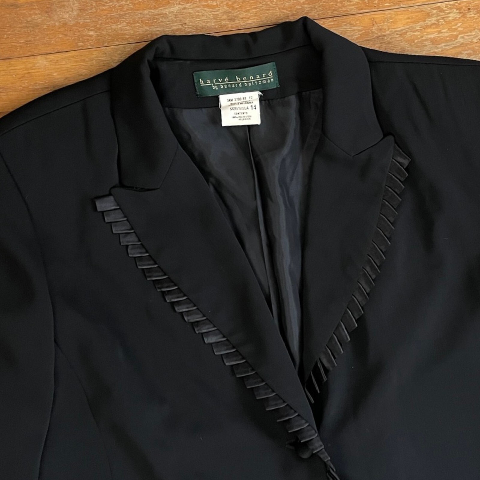 Vintage Black Satin Ribbon Blazer Size Large 90s Crepe Sport Coat Jacket