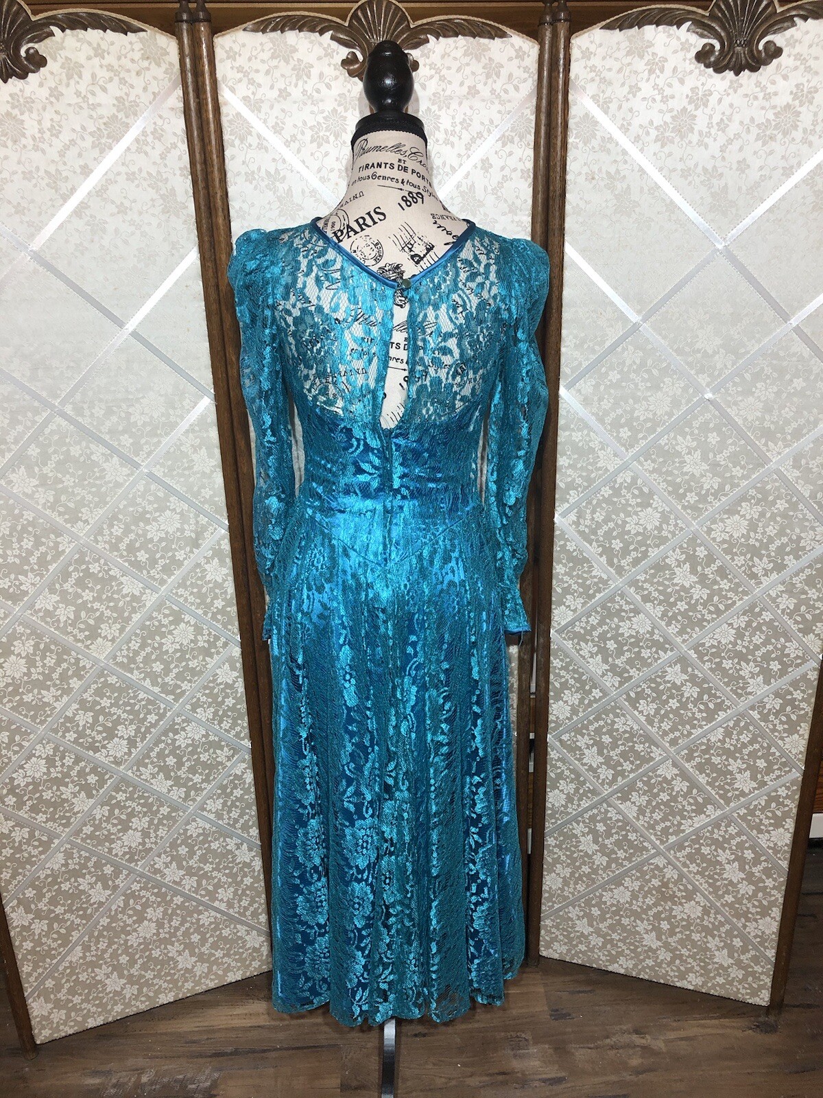 Vintage 80’s Lace Over Satin Teal Tea/Party Prom Dress Satin Bow Bling Sz 6 XS
