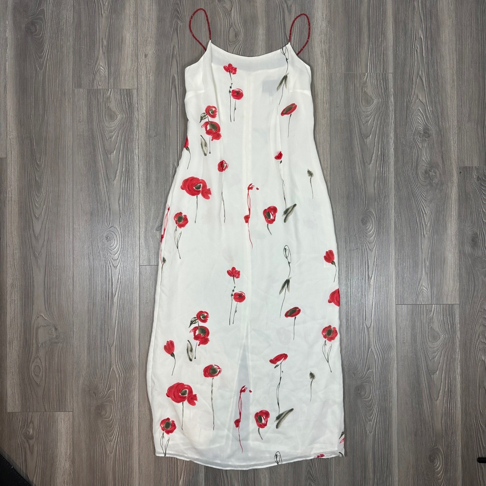 Vintage Y2K White Dress w/ Red Poppy Floral Design & Beaded Straps – SIZE 10