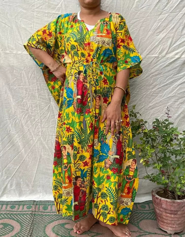 Frida Kahlo Print Women Kaftan, 100% cotton light weight summer Kaftan, beach