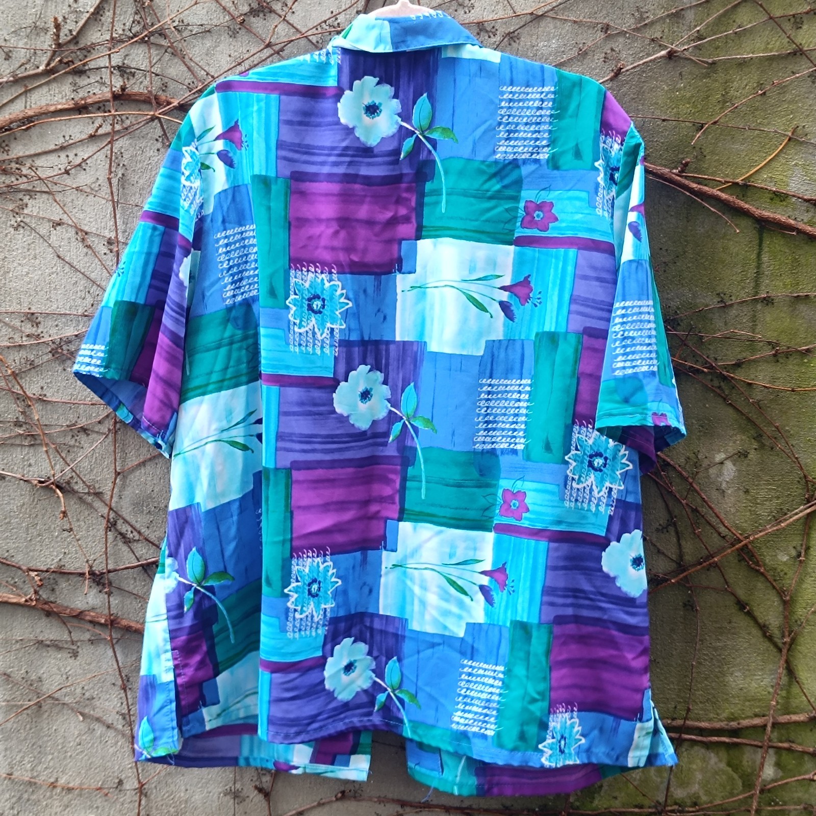 Vintage Blouse Abstract Pattern Blue Purple 90s Oversized Short Sleeve Shirt L