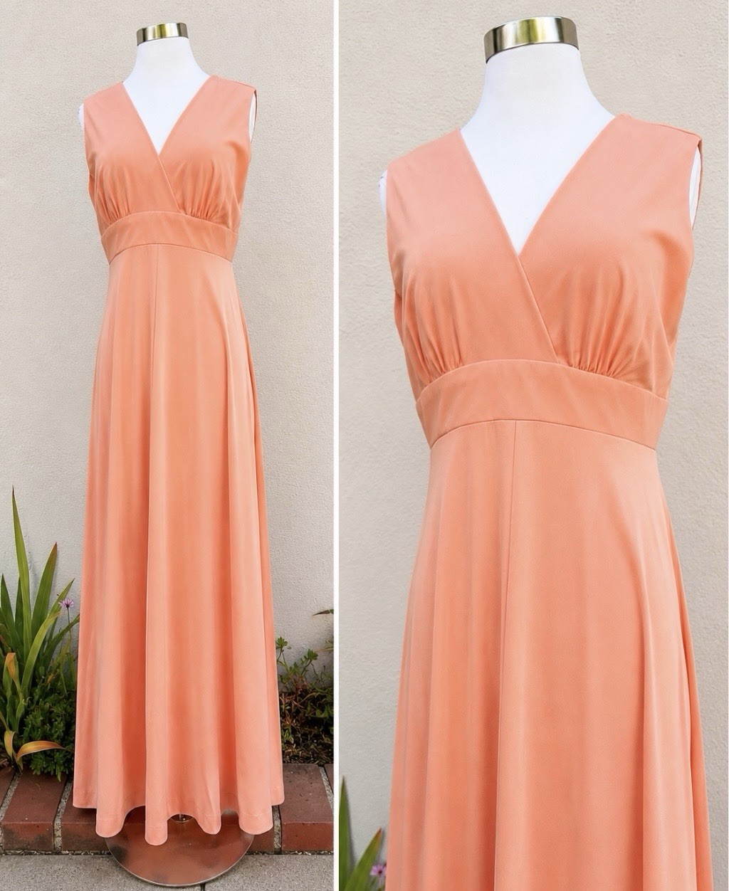 VTG 70s Union Made ILGWU Peach Sleeveless Empire Waist Maxi Dress VTG 14