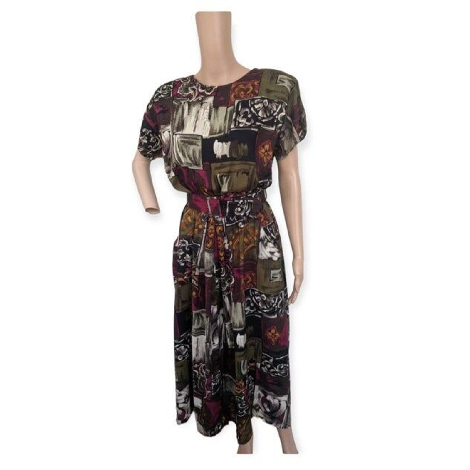 80s Print Dress Button Back Vintage Paquette S