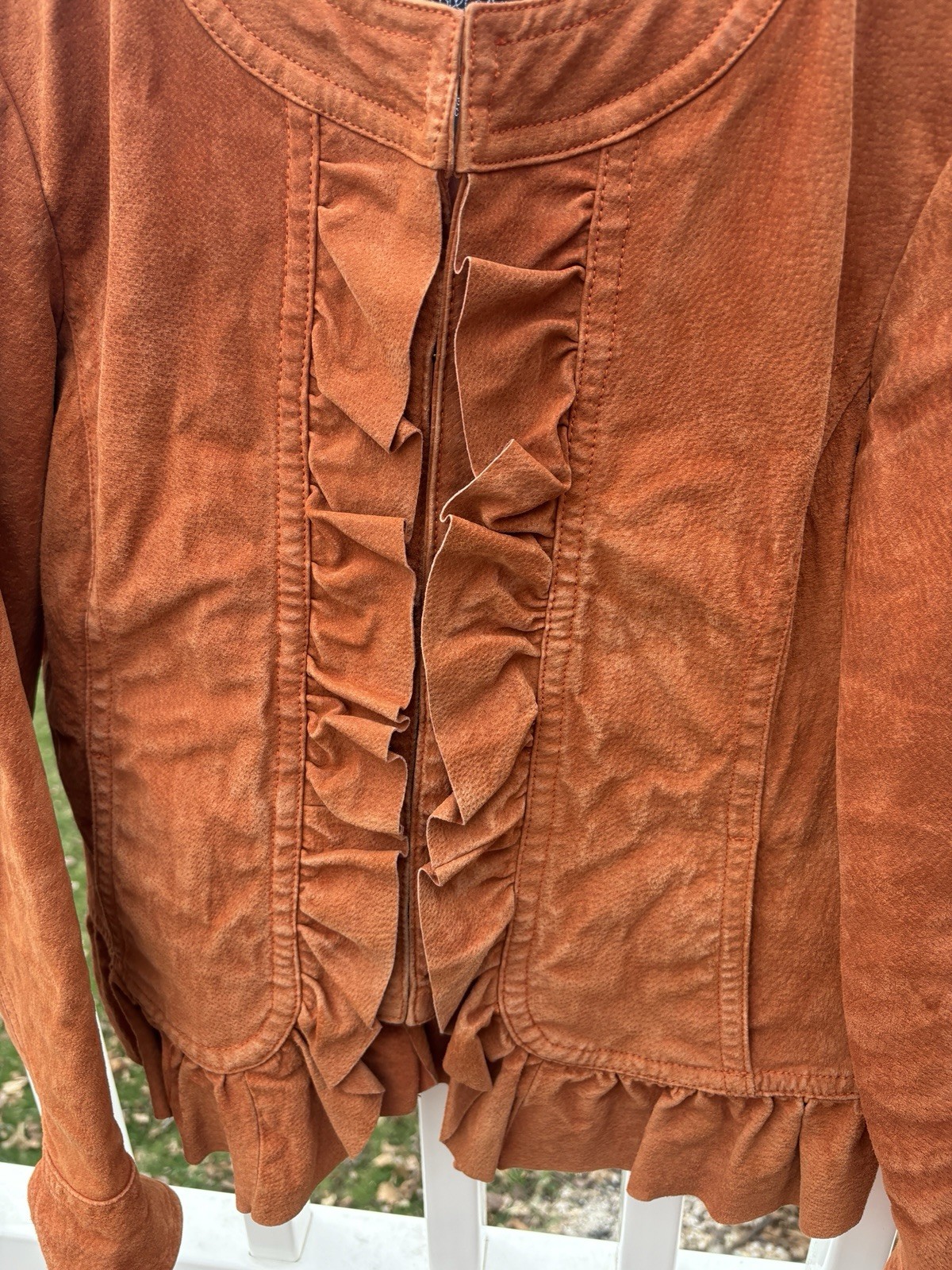 Prosper & Devine Leather Suede Sz Med Rust Color Jacket Nautical Buttons Ruffle