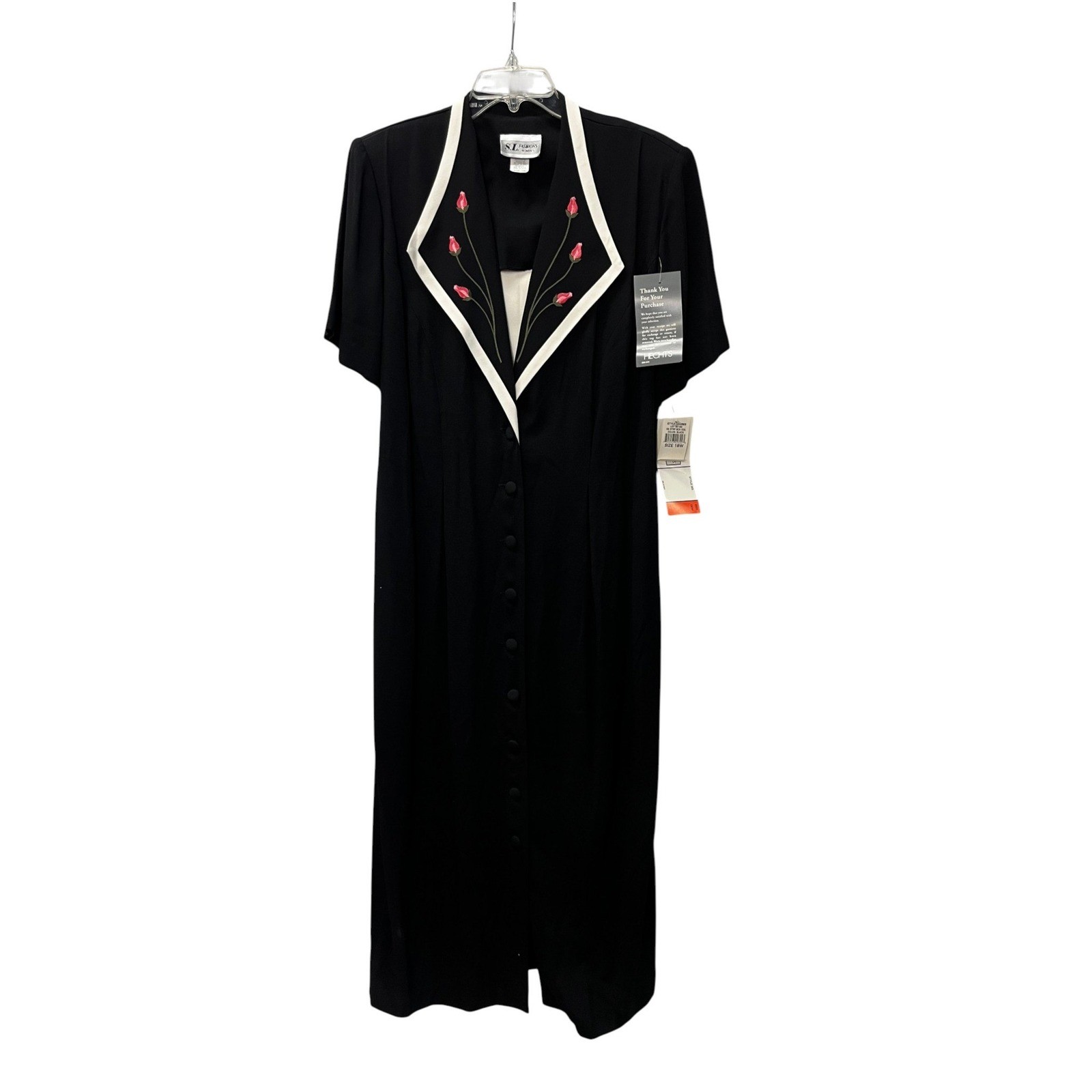 SL Fashions Womens Black Embroidered Rosebud Midi Dress 18W Vtg Semi Formal