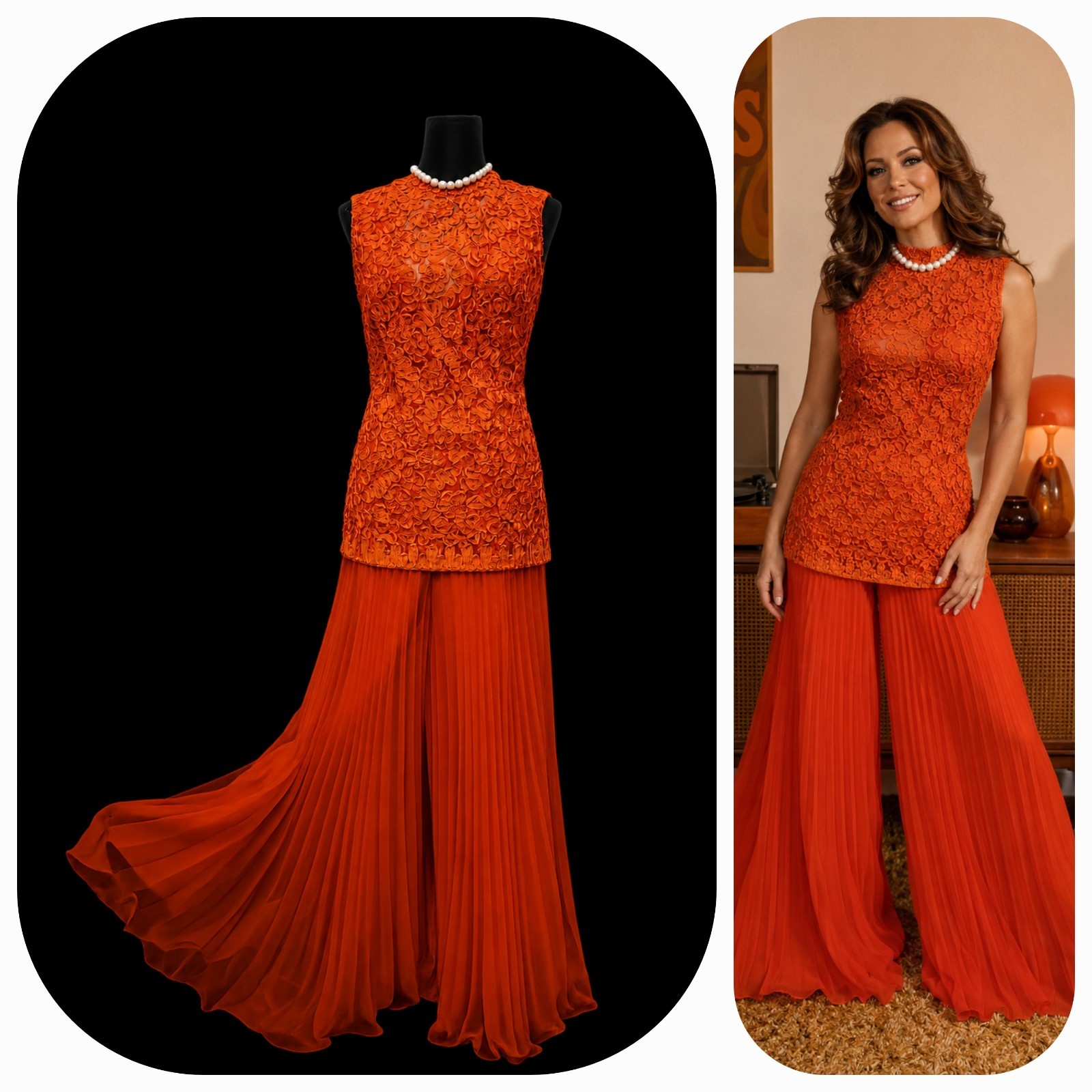 Vintage Jack Bryan Orange Palazzo Jumpsuit Pleated Chiffon Lace Formal Evening