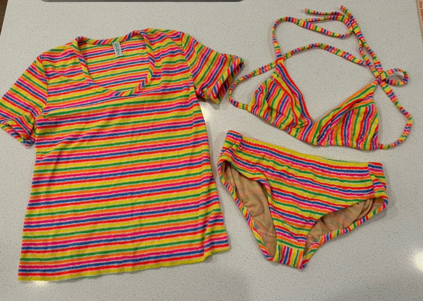 60s 70s Vintage Swim Suit Sears JR Bazaar Mod MCM Rainbow Stripe Terry Cloth 3pc