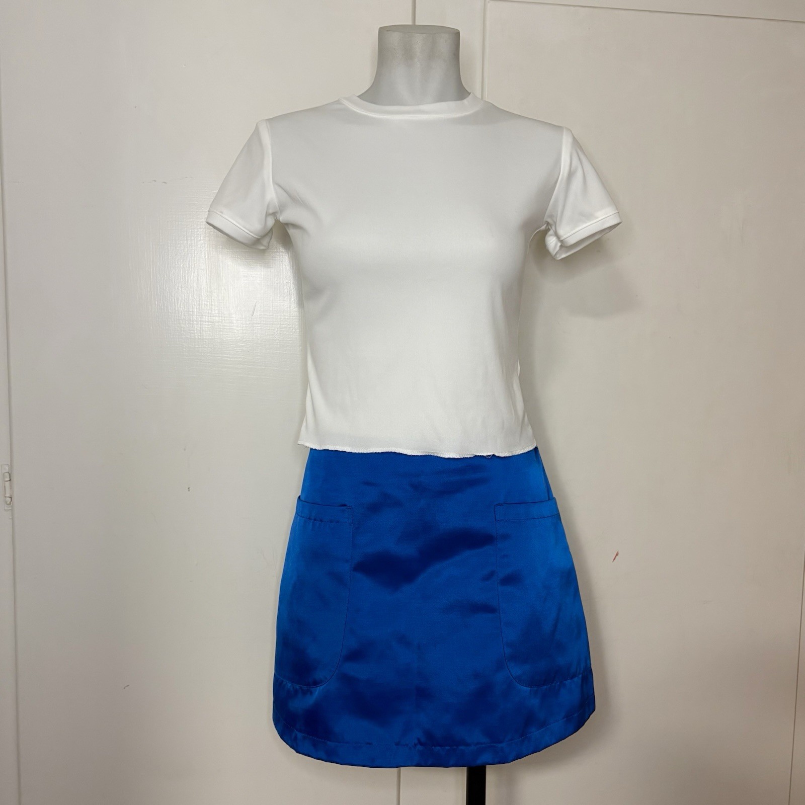 Vintage 90s Dollhouse Electric Blue Shiny Mini Skirt Baby Tee Outfit Clubwear