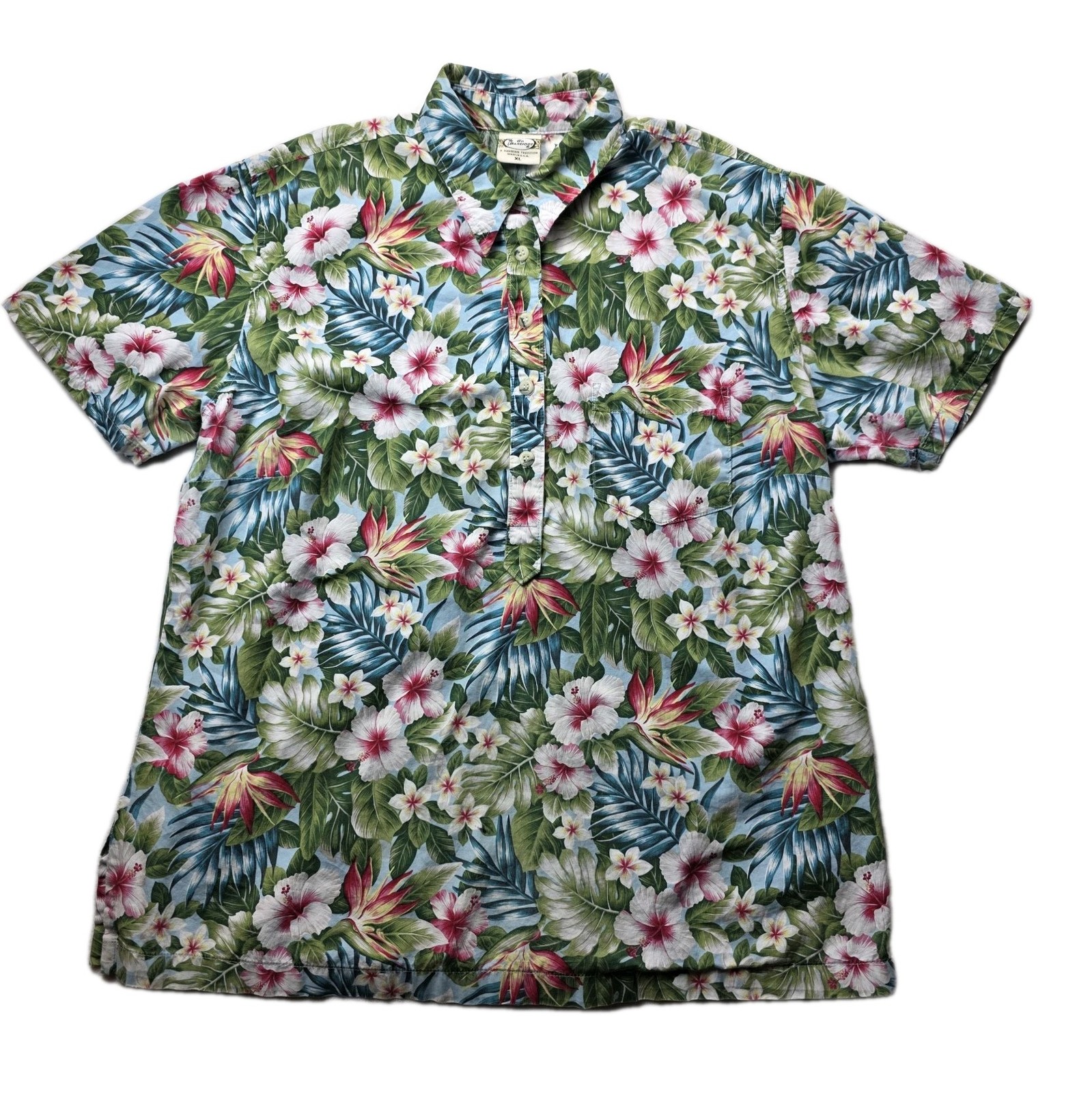 Vintage Go Barefoot Hawaiian Shirt Womens Size XLarge All Over Print Made In USA