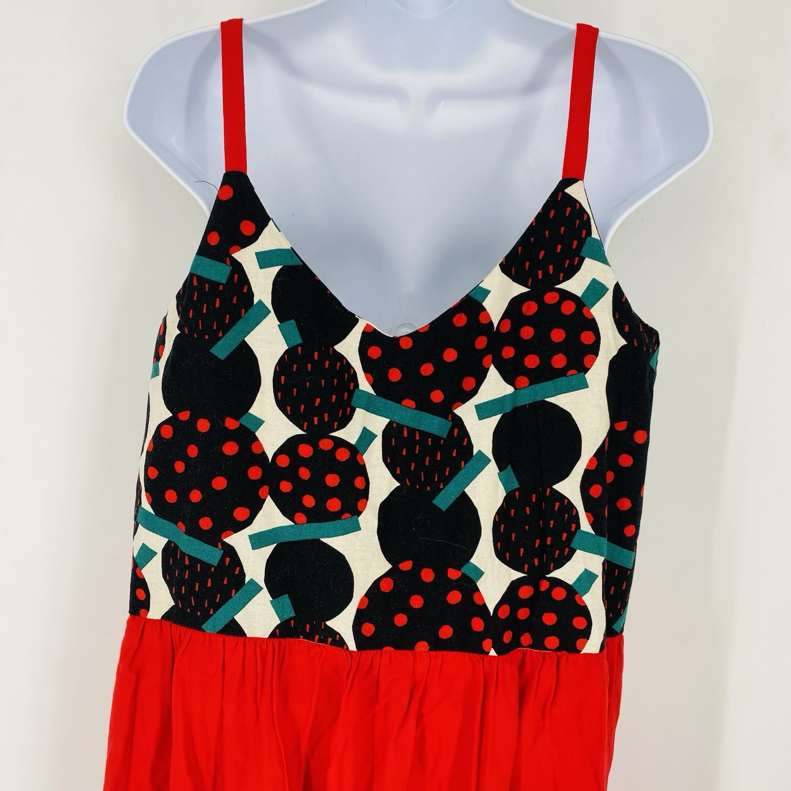Vintage Handmade V Neck Maxi Dress Red Modern Print Tiered Skirt Size L