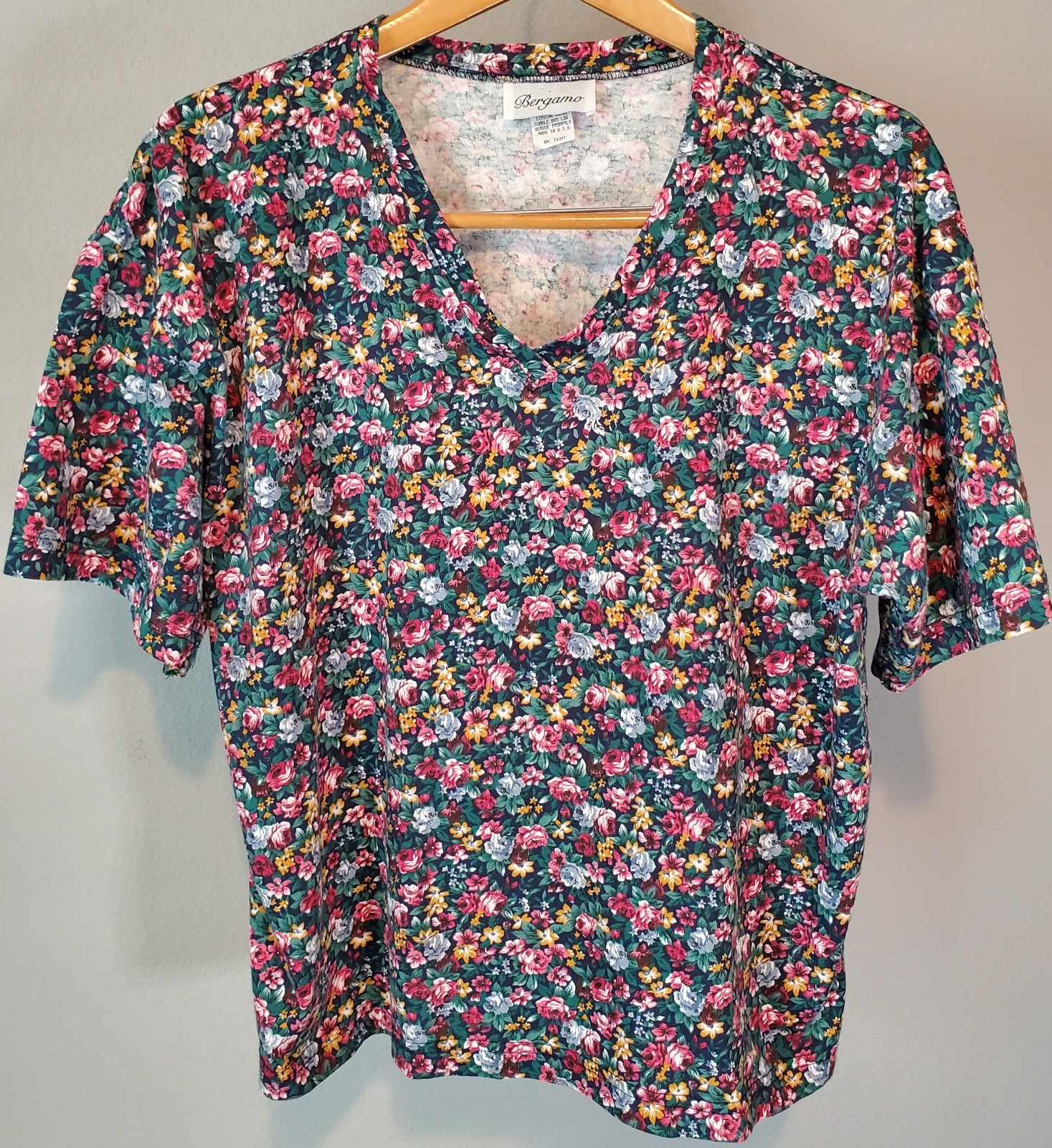 Vintage Bergamo Floral Cotton T Shirt Womens XL Made USA Cottagecore