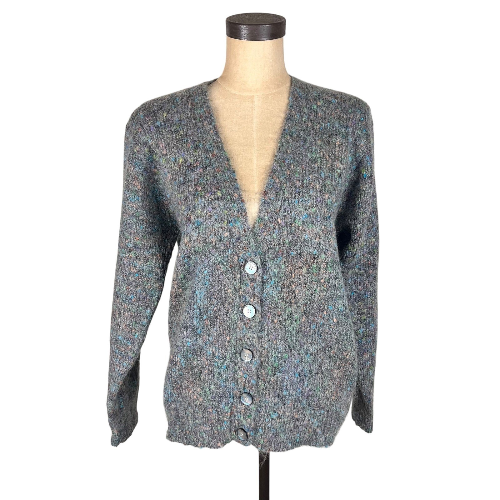 Vintage Mohair Blend Sportables Grey Confetti Knit Cardigan Sweater Small