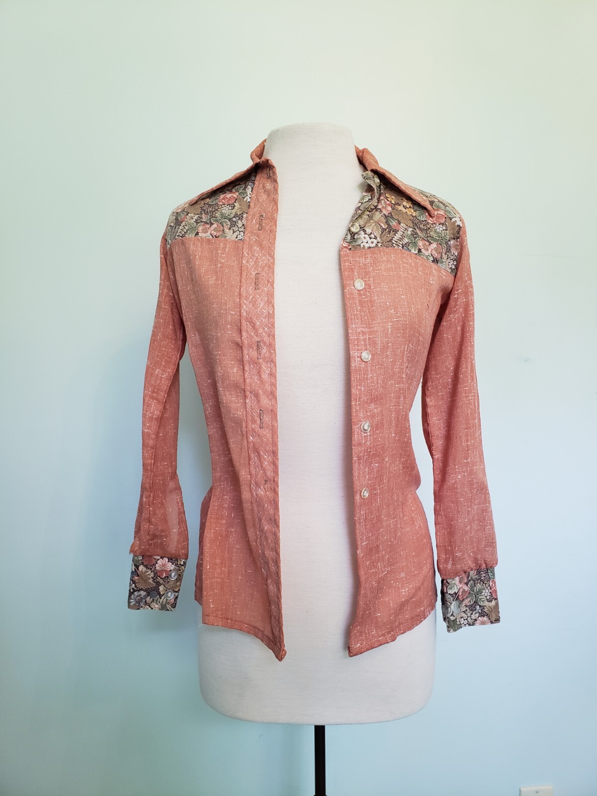 VTG 70’s The Shirtery Womens S Button Front Pink Floral Western Semi Sheer Retro