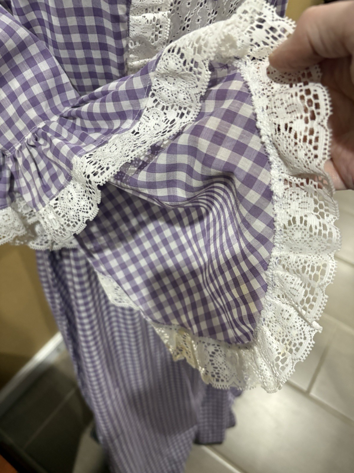 Prairie Style Lavender Gingham Long Dress Sz S Lace Floral Cottage Core Handmade