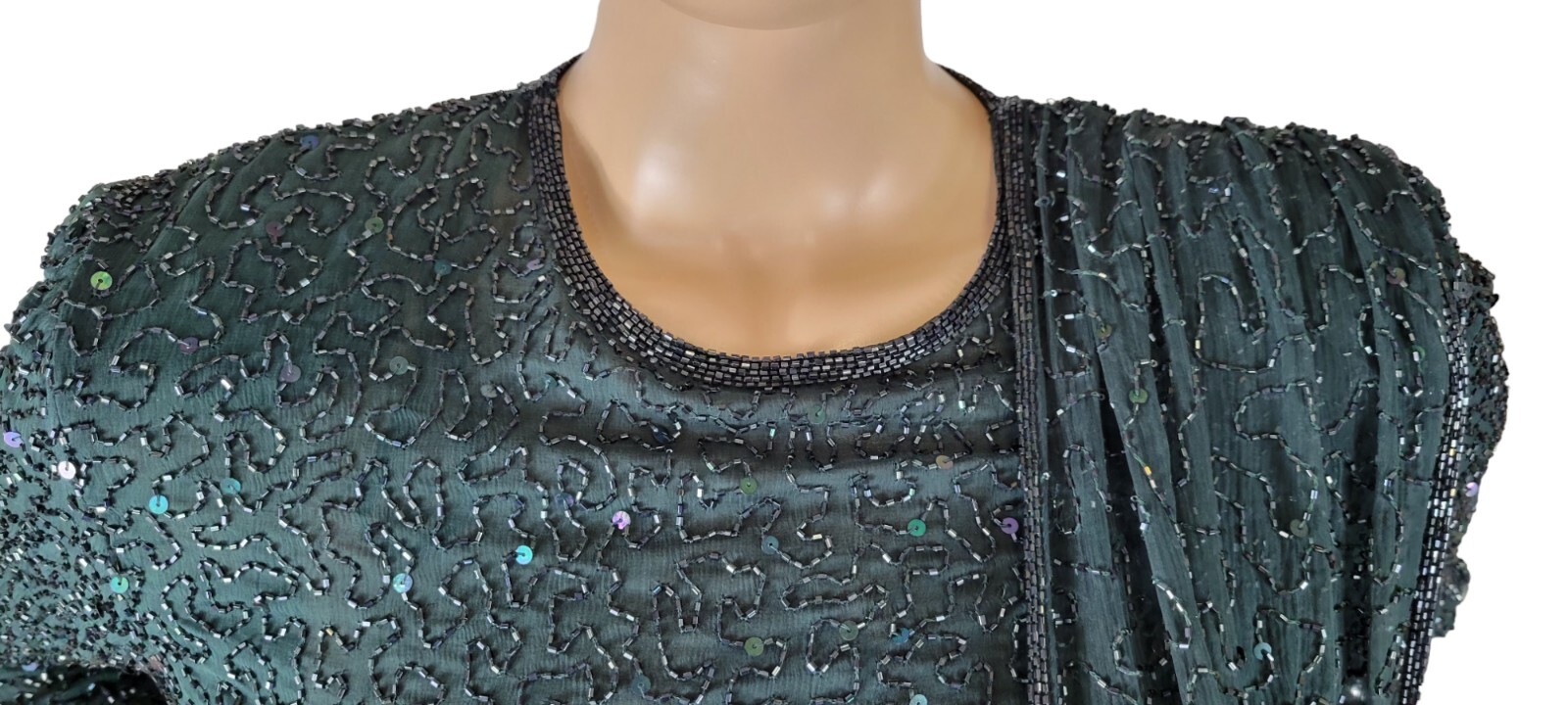 Vintage Judith Ann Creations Hunter Green Beaded Sequin Cocktail Evening Dress L