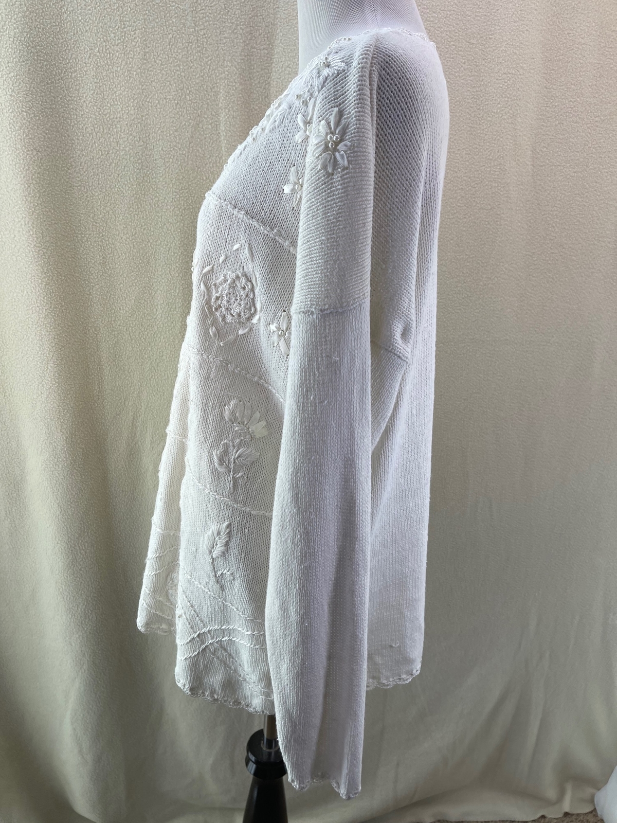 Bonnie and Bill Vintage Cream Scallop Edge Lace, Ribbon & Pearl Knit Sweater, 2X