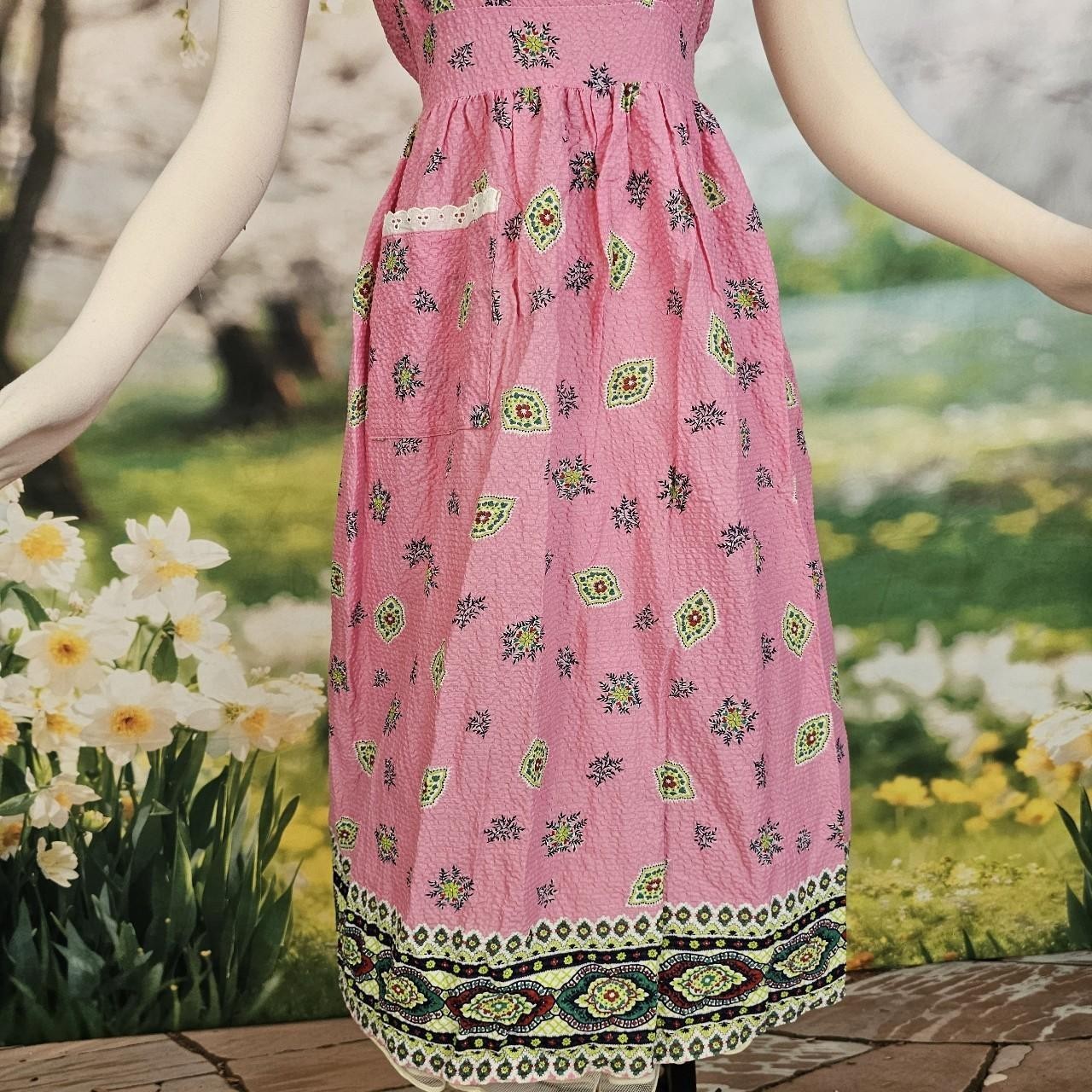 Vintage 1950s Searsucker Bright Pink & Green Floral Dress Lace Trim Sleeveless