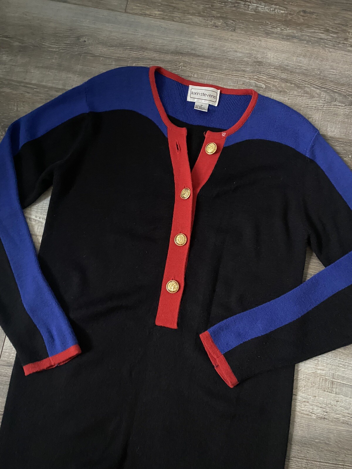 Vintage Wool Blend Black Blue Colorblock Sheath Sweater Dress Karin Stevens M
