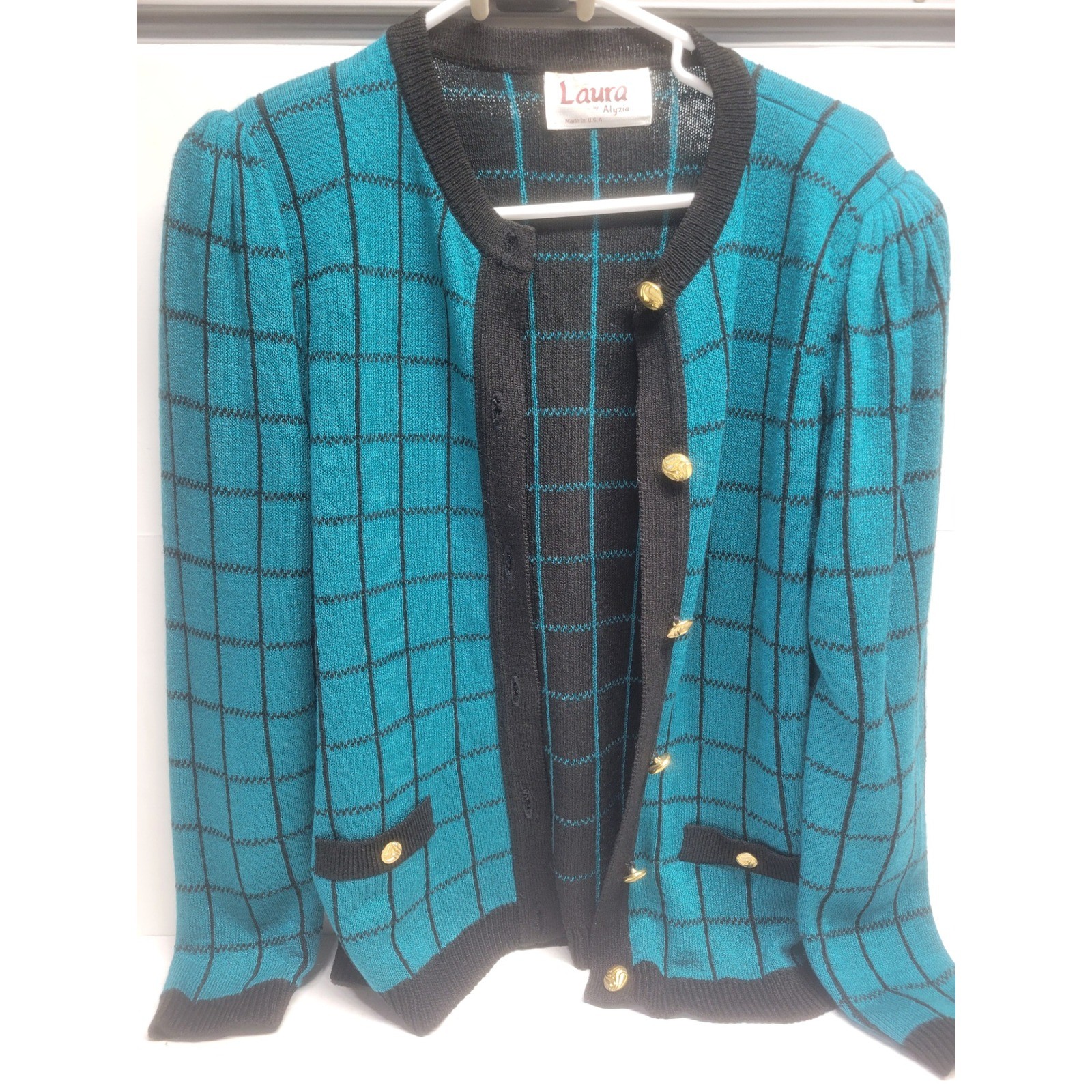 Vintage Laura by Alyzia Teal Black Grid Cardigan Sweater Gold Buttons USA Made