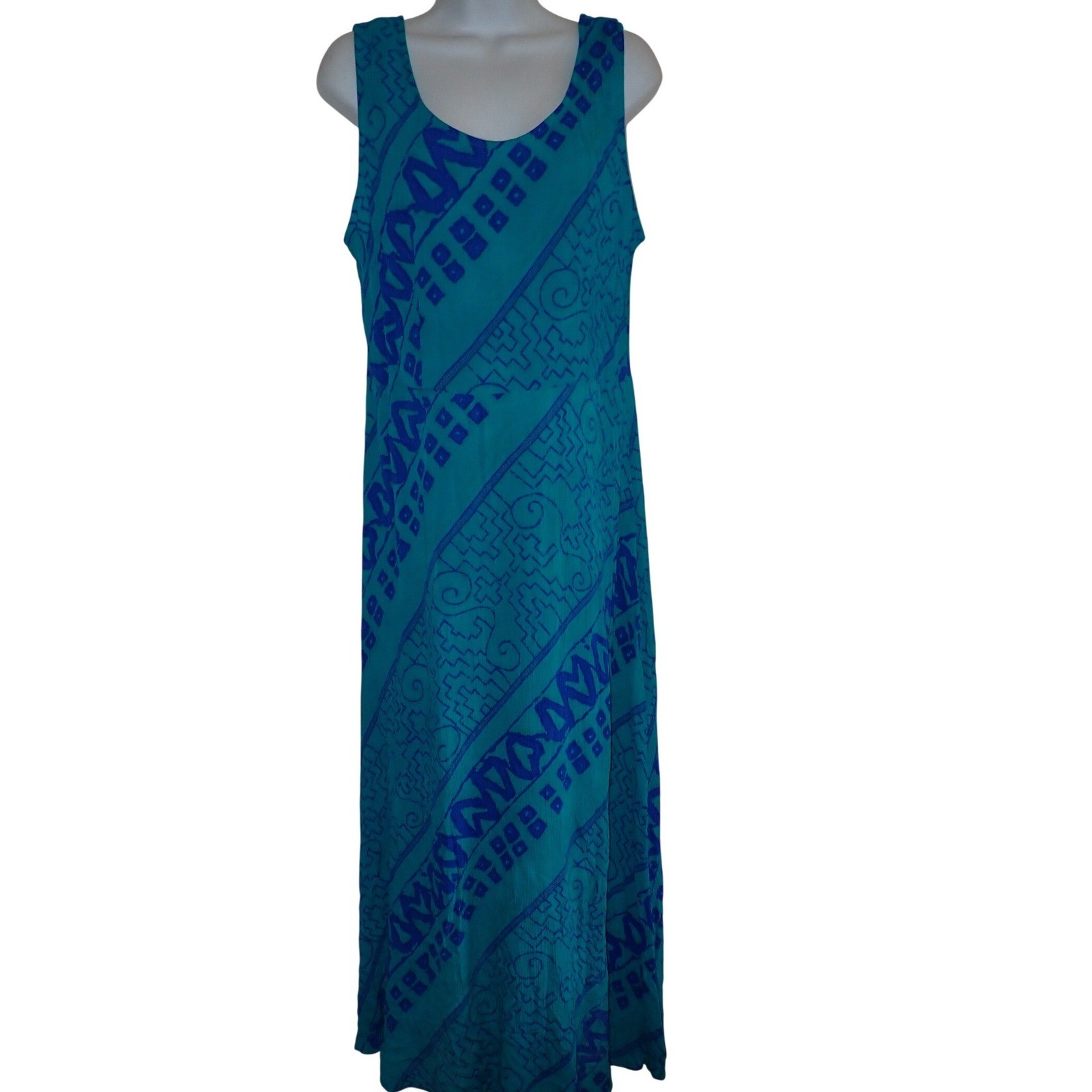 Karin Stevens Vintage Teal Blue Geometric Tribal Print Rayon Maxi Dress Sz 16